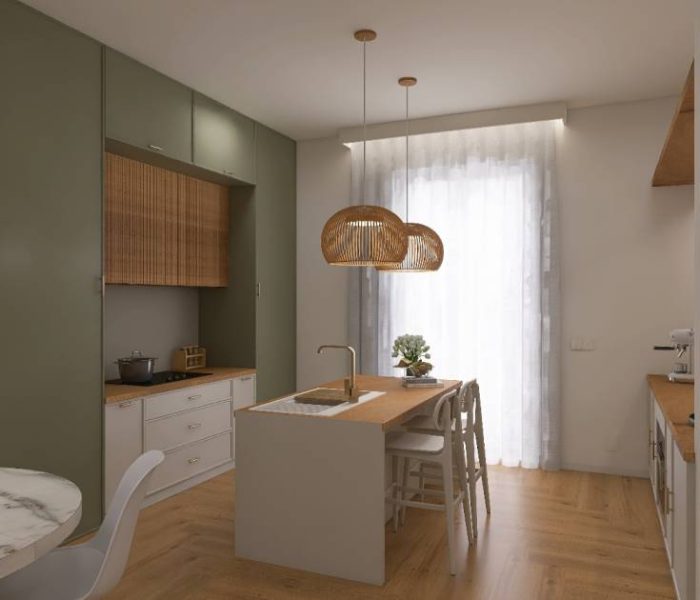 Cucina luminosa con dettagli naturali