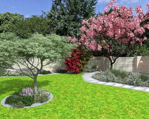 Progetto di giardino con alberi e fioriture